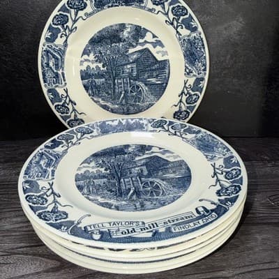 VTG Set 6 Blue Transferware Findlay Ohio Old Mill Stream Plate College Music