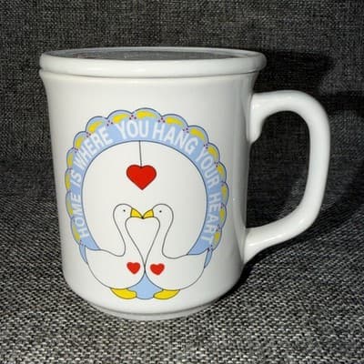Vtg 1980’s Goose Blue Double Duck Geese Country Ceramic Mug Giftco Heart Lid