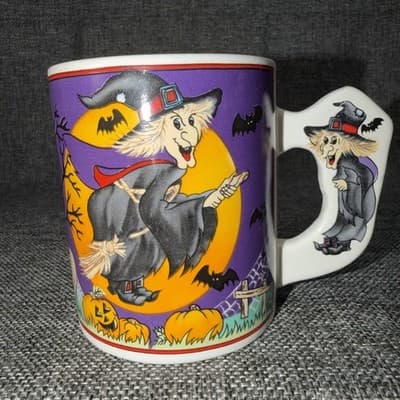 Vintage Halloween Coffee Tea Mug Ceramic Flying Witch Broom Bats Witch Handle