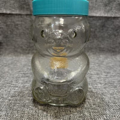 Vintage Glass Skippy Peanut Butter Teddy Bear Jar - 48 Oz 7.5 Inches Tall Blue
