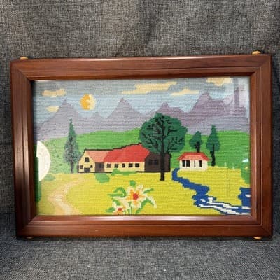 Vintage Wood Framed Crewel Embroidery Landscape Country Farm Scene Picture 19”