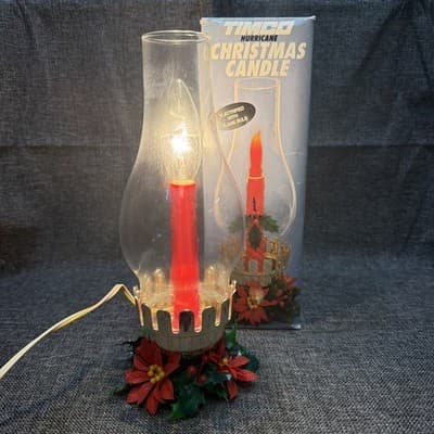 TIMCO Vintage Flame Christmas Hurricane Glass Candle Lamp Light 11" Tested