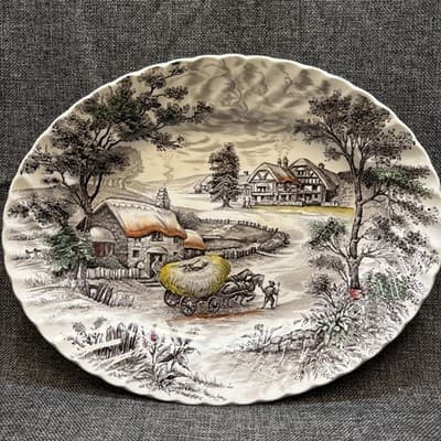 Vintage Staffordshire Yorkshire Ironstone Etched Farm Scene Serving Tray Platter
