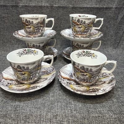 Set of 6 Vintage Yorkshire Staffordshire Ironstone Teacups & Saucers Farm Scene