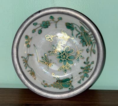 Japanese Porcelain Ware Pewter Encased Bowl Hong Kong ACE Green Gold Grasshopper