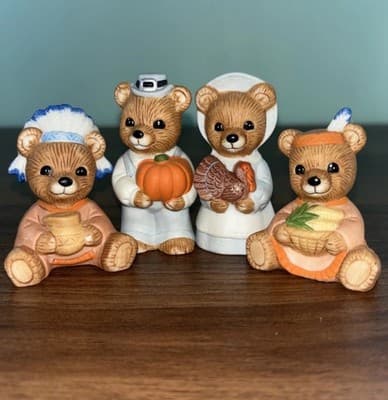 Collectible Thanksgiving Bears By Homco Set Of 4 #5312 Pilgrims And Indians NOS