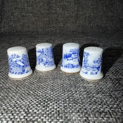 4 Vintage Ceramic Thimbles Sewing Americana Blue Transferware China Made Japan