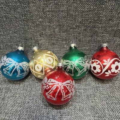 Vintage Bells Flowers Mercury Glass Christmas Ornaments Stencil Glitter Lot 5