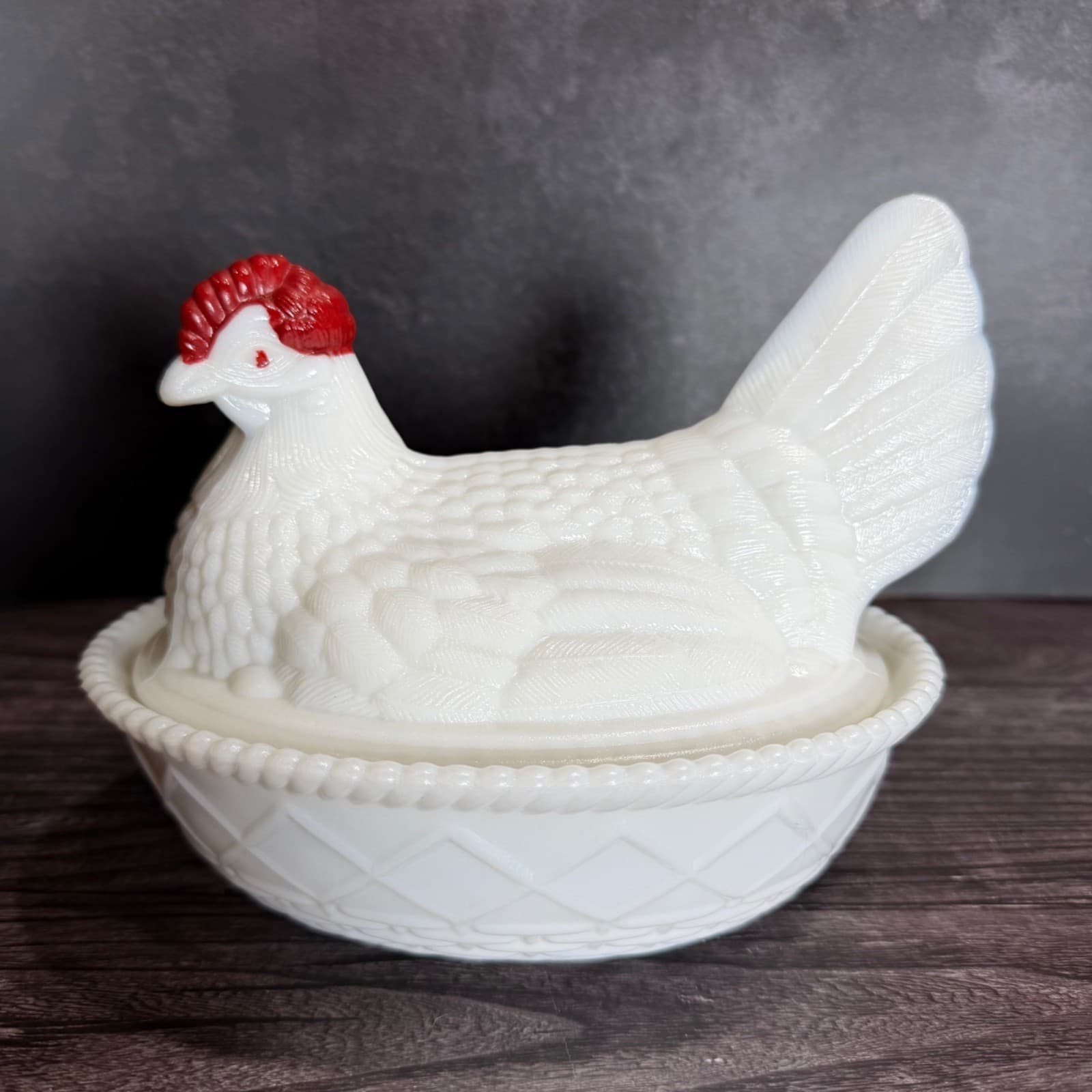 Milk Glass Hen On Nest Westmoreland Covered Dish Vintage White Red HON