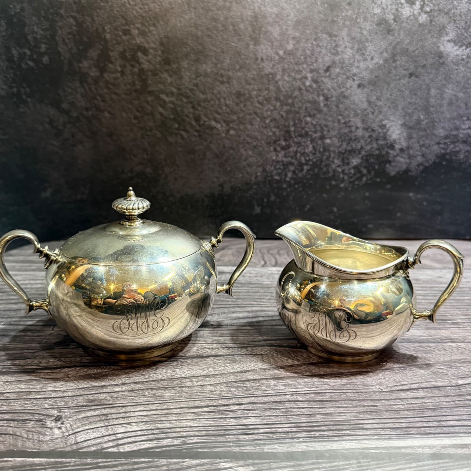 Tiffany & Co. Sterling Silver Cream & Sugar Set With Monogram 2 Gills Antique 18