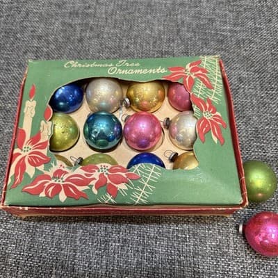 14 Vintage Miniature 1” Mercury Glass Christmas Ornaments Feather Tree In Box