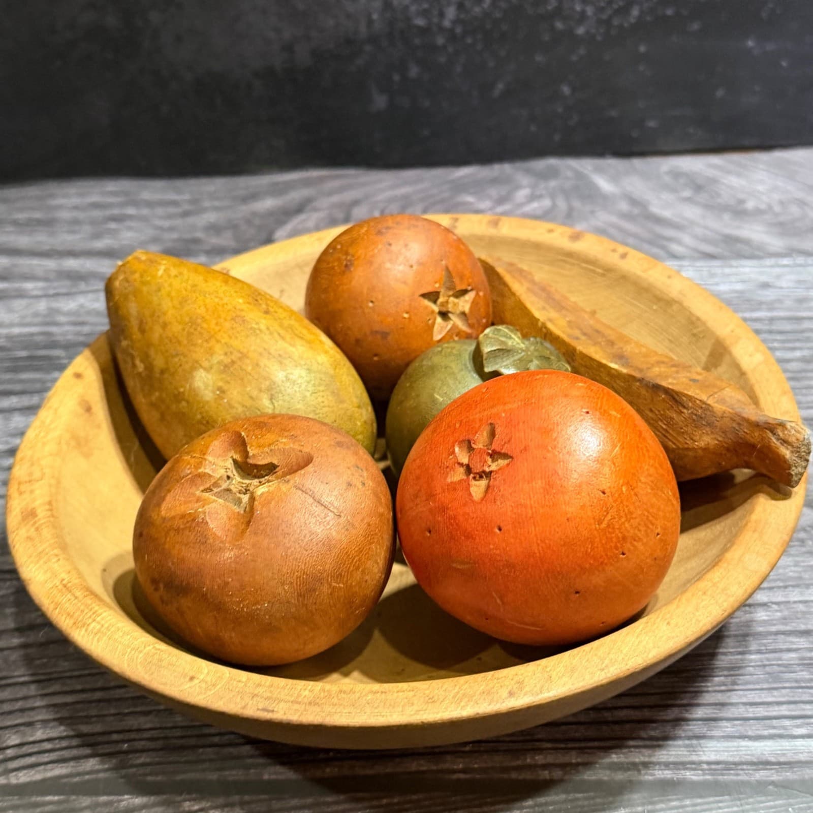 Antique Hand Carved Wooden Bowl & Fruit Set - Vintage Decorative Display Piece