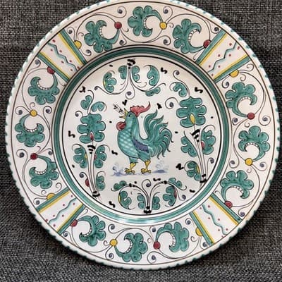 Vintage PV Deruta Italy Singing TEAL ROOSTER Peasant Valley Salad Plate 8" Chip