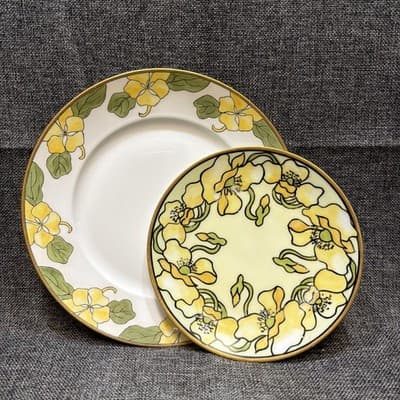 Coordinating Antique Thomas Sevres Bavaria Hand-Painted Art Nouveau Yellow Poppy