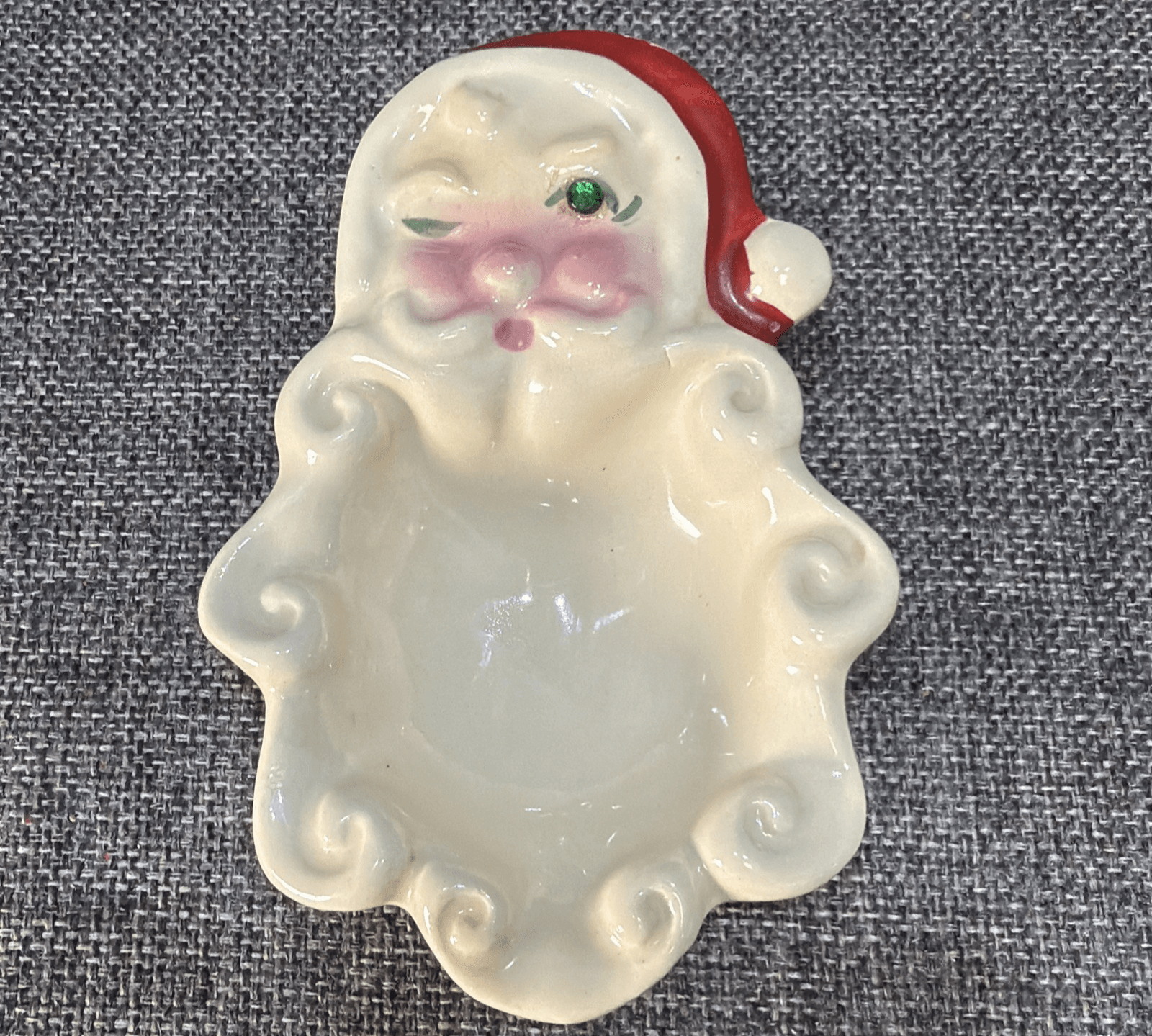 Vintage Winking Santa Trinket Dish Ashtray Christmas 1950's MCM Rhinestones