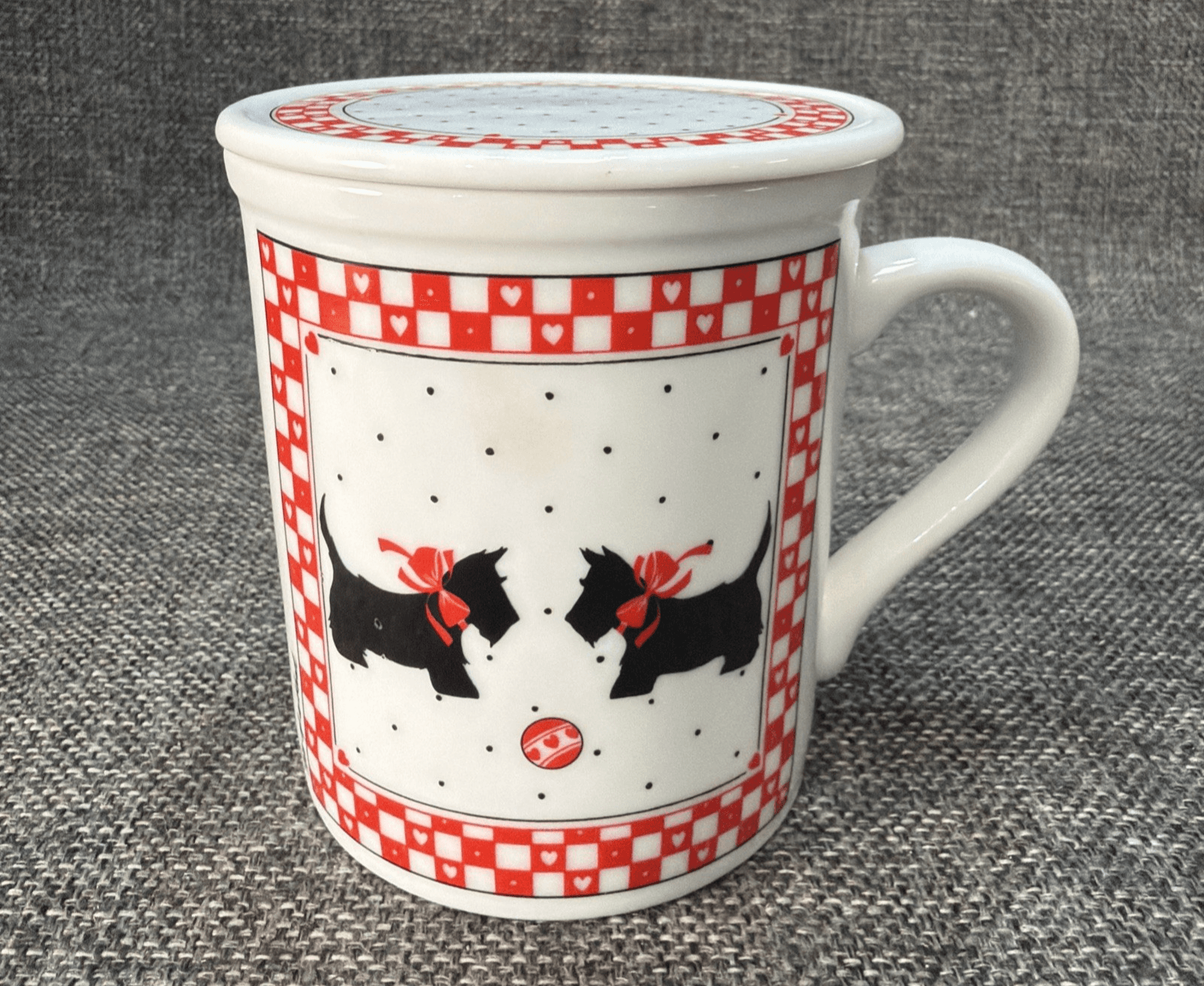 Vintage Papel Coffee Tea Mug Scotty Dog Mom Rescue Pets with Lid Red Hearts