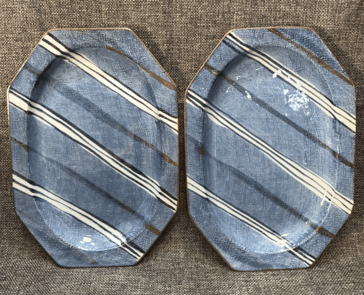 Vintage Japanese Mino Ware Ensho Kiln Ceramic Platter Pair 10” Kato Shozan Blue