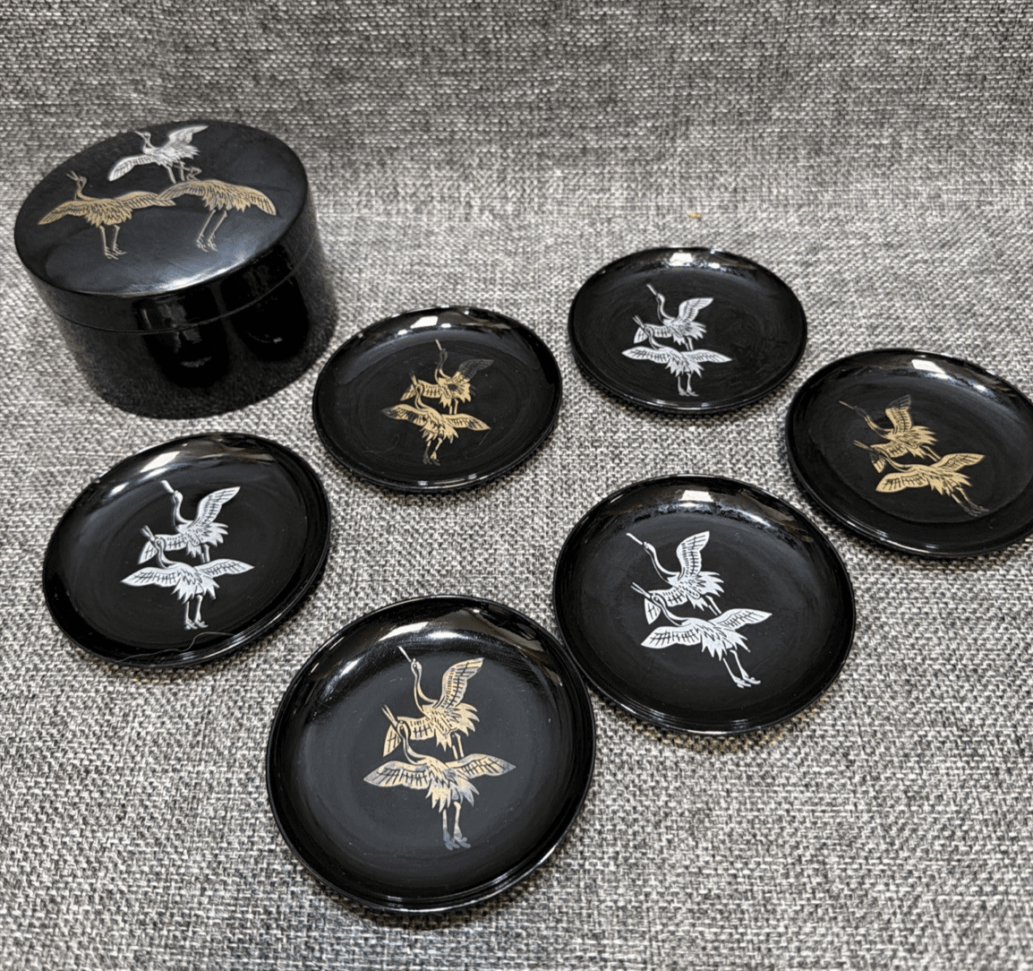 Vintage Japan Air Lines Coasters Black Lacquer Gold Silver Cranes Box Set of 6