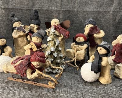 10 Pc Rustic Paper Mache Clay Look Snowman Choir Sleds Christmas Tree Figurines