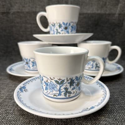 Vintage Noritake Progression China Blue Moon #9022 4 Cups & 4 Saucers Flowers