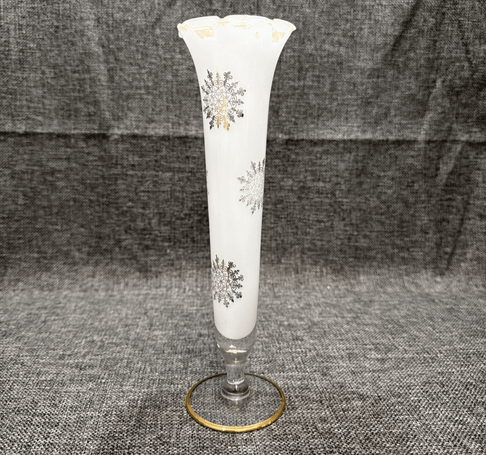 MCM Frosted Milk Glass Trumpet Vase Gold Medallion Snowflake Ruffled Rim 10”