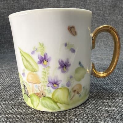 Vintage Hand Painted Porcelain Woodland Mug Signed P Walter Mushroom Bunny Gold