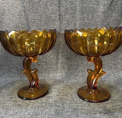 Set Of Indiana Glass Tulip Amber Glass Compote/ Pedestal Bowl 7.5" Or Candle VTG