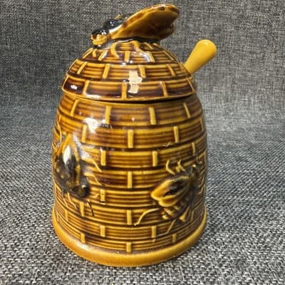 Vintage Ceramic Beehive Honey Pot Jar With Lid Spoon Slot Embossed Bees Kitchen
