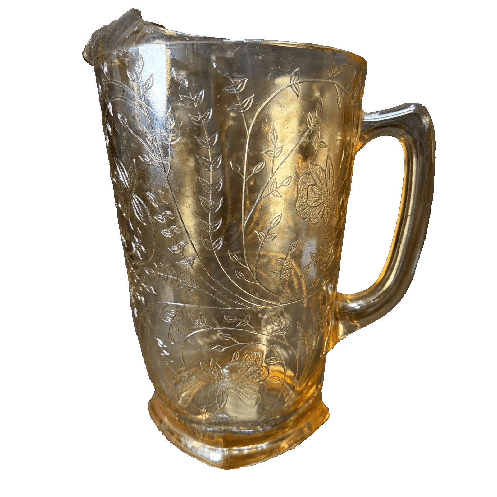 VINTAGE JEANNETTE GLASS Carnival Floragold Louisa Iridescent Pitcher 64oz 9”
