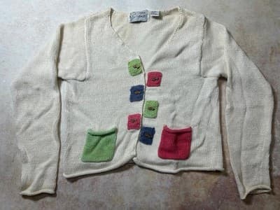 Vintage Ann Trinity Art To Wear Color Block Cardigan Sweater Cream Womens Small
