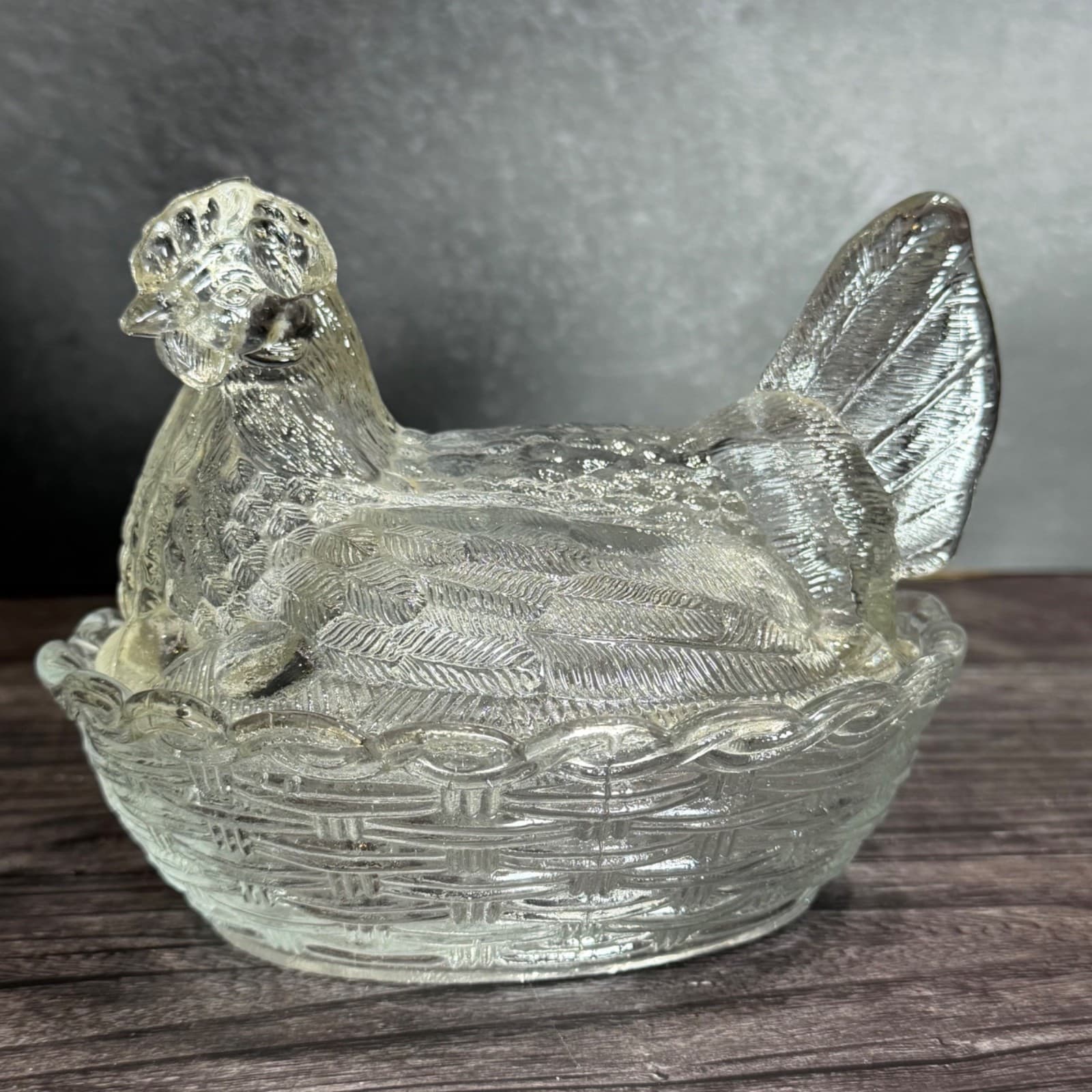 Vintage Clear Glass Hen On Nest Covered Dish Decorative Collectible 1980's