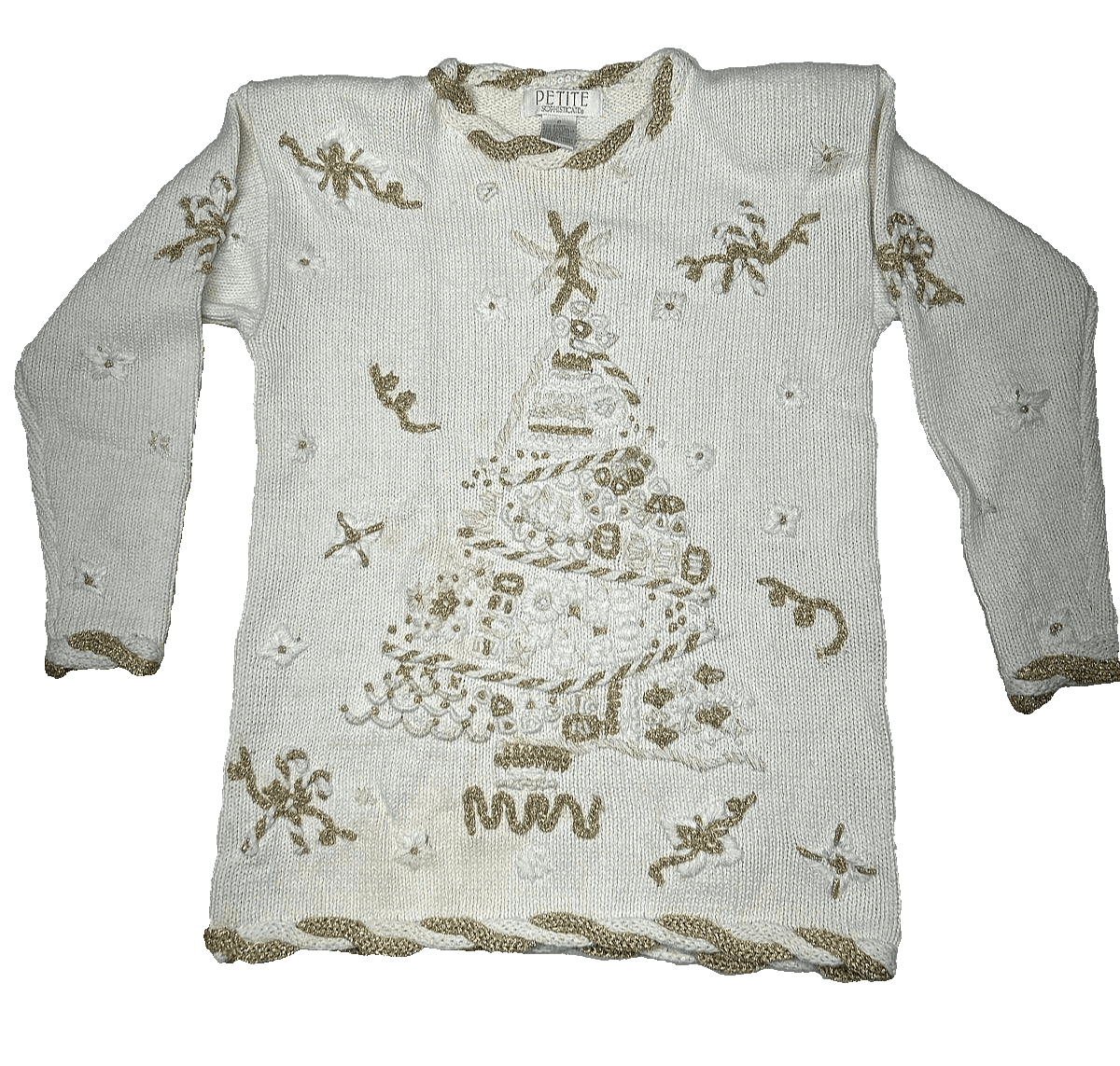 Long Vintage 1990's Pullover Christmas Tree Sweater Gold and Cream Small XS