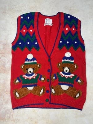 Womens Bears in Sweaters Vest Size S M Vintage Marisa Christina Christmas Red