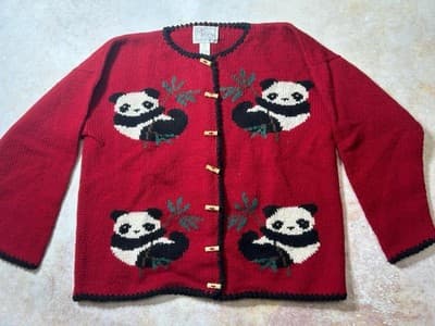 Miso Button Up Panda Women’s Cardigan Sweater Red 100-% Wool Size Small Medium