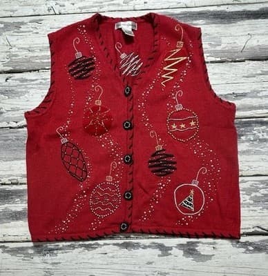 Drapers & Damon’s Vintage Christmas Sweater Vest Ugly Red Knit Ornaments