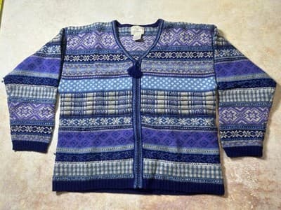 Womens Zip Up Sweater Jacket Size Large Vintage Susan Bristol Wool Blend Purple