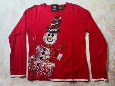 Women's Michael Simon Snowman Lightweight Long Sweater Top Size Small Sequins
