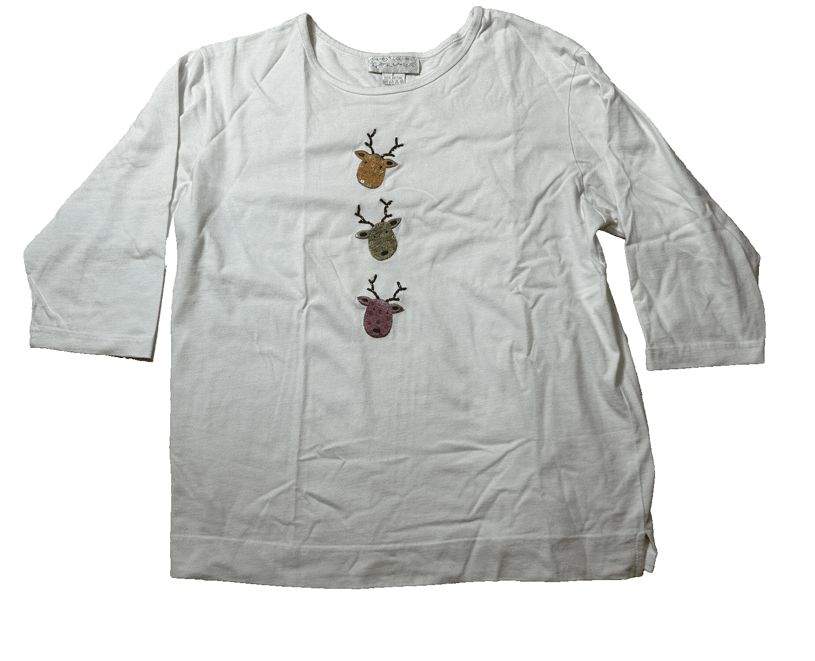 Vintage Casey Coleman 3/4 Sleeve White with Colorful Reindeer Top Women's Small