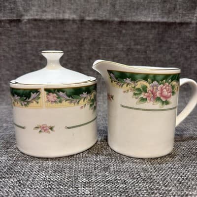 Vintage Creamer & Sugar Farberware Legend Green With Pink Flowers Gold Trim 435K