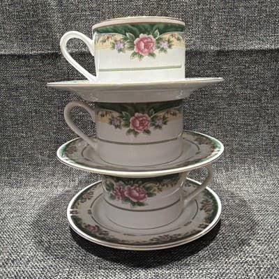 Set 3 Vintage Coffee Cups Saucer Plate Farberware Legend Green Pink Flowers Gold