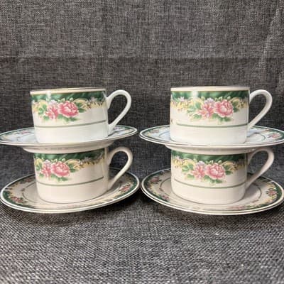 Set 4 Vintage Coffee Cups Saucer Plate Farberware Legend Green Pink Flowers Gold
