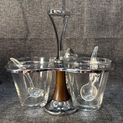 Vintage Mid Century Modern Rotating Serving Caddy Bowls Snacks Condiments Spoons