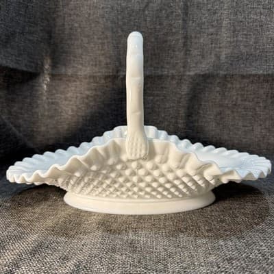 Large Oval Glass Fenton Fruit Basket Hobnail Handled Milk Glass Brides Flower