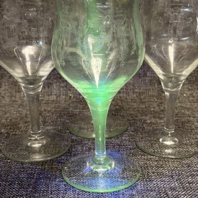 Set of 5 Vintage Deep Plate Acid Etched Lead Crystal Goblets 365nm UV Glow Mint