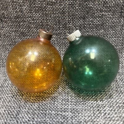 VTG 1940's Green Amber Unsilvered Round Glass Ball Ornament 2” Set Of 2