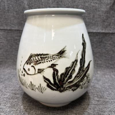 Vintage Japanese Studio Porcelain Vase Signed Kohara 古原 Hand Painted Fish 9"