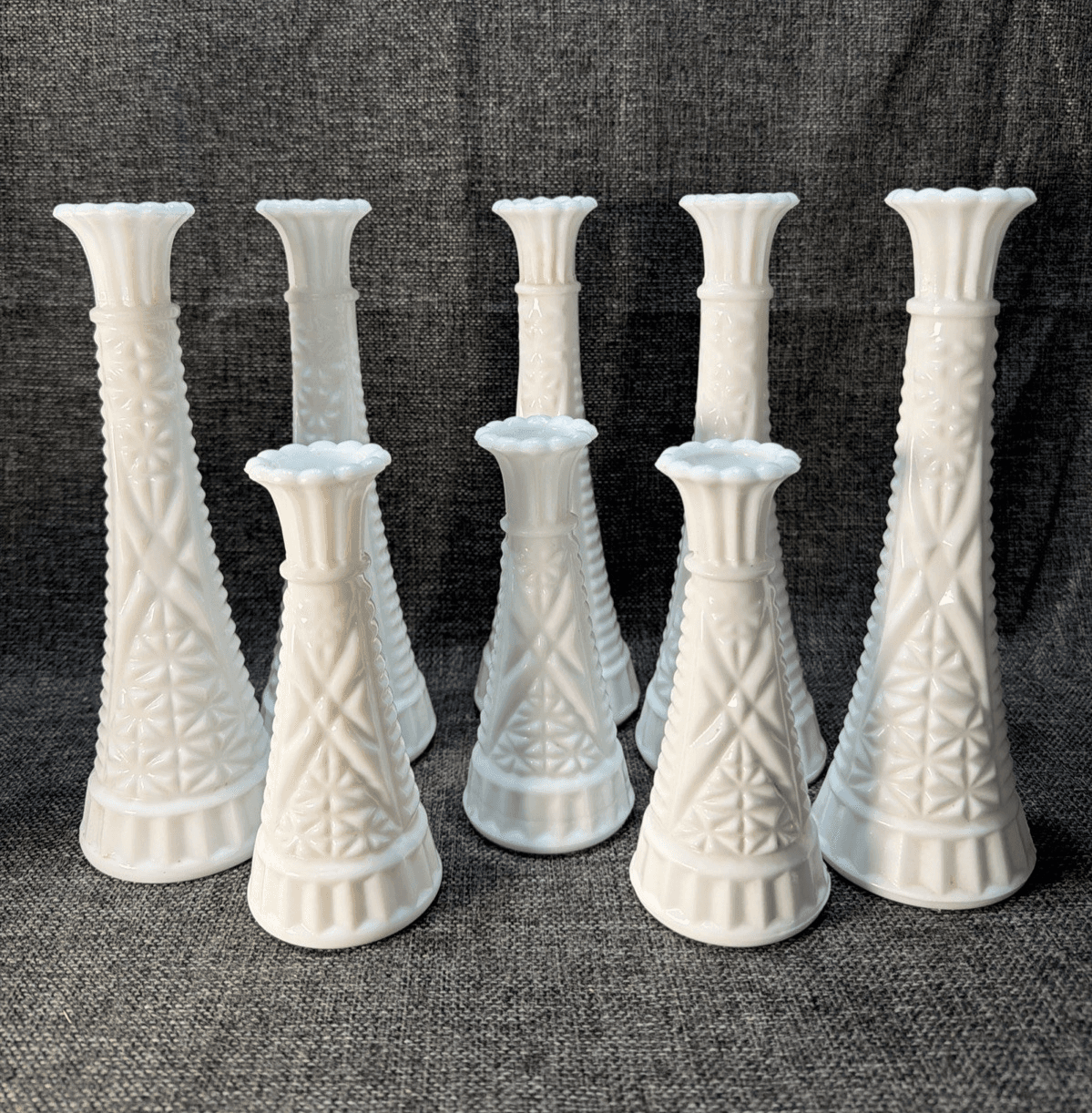 Vtg Lot 8 Stars & Bars White Milk Glass Bud Vase Event Wedding Cottage 9" And 6”