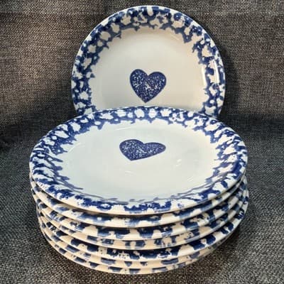 Tienshan "Sponge Blue" Hearts Salad Plates SET OF 8 Lunch Plate 7.5" Vintage