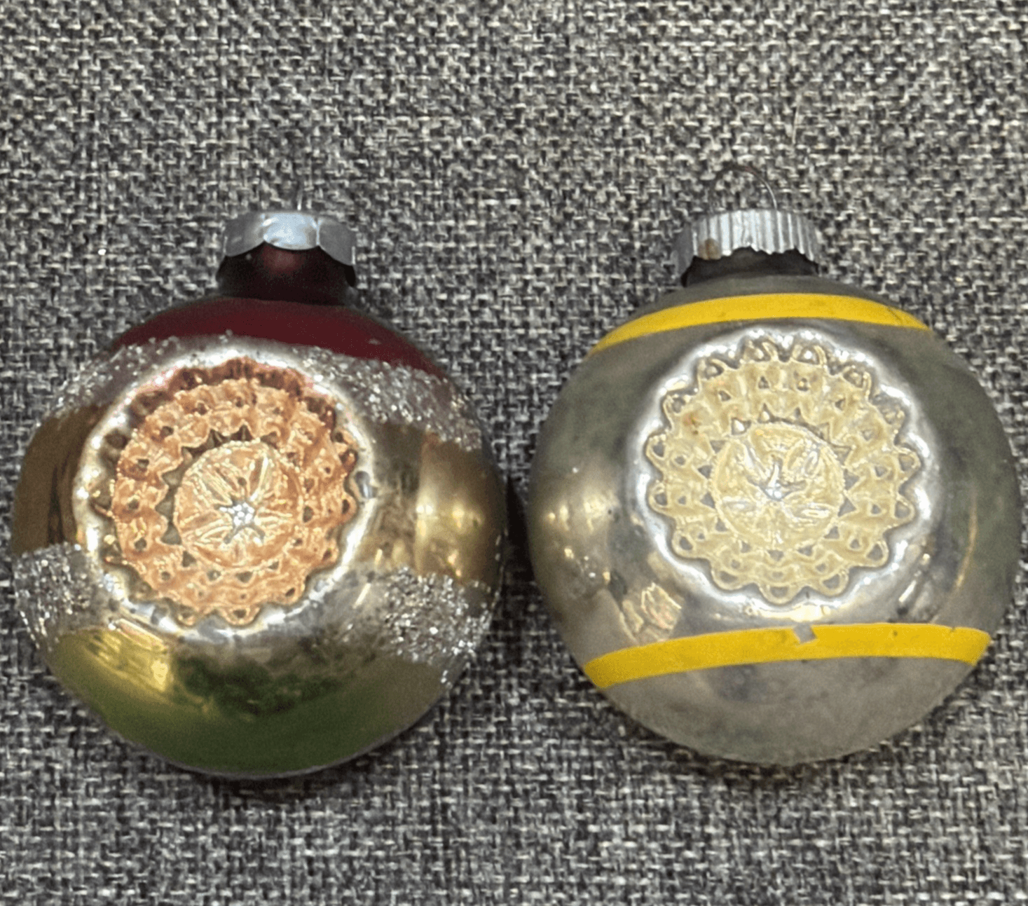 Lot Of 2 Vtg Shiny Bright Ball Double Indent Ornaments Red Yellow Blue MADE USA