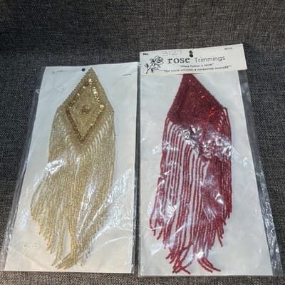 Set Beaded Sequin 11” Patch Dangles Vintage Applique large Gold And Red Washable